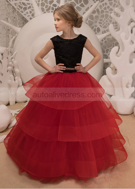 Red Layers Tulle Keyhole Back Long Flower Girl Dress 